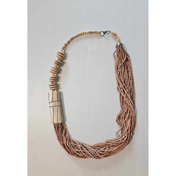 Jewelry - Vintage Multi Strand Seed Bead Bone Statement Necklace Boho Tribal Asymmetrical